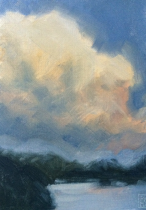 An image of a lake and clouds at dusk